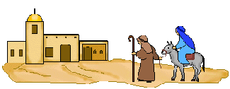 Depiction of Mary and Jospeh arriving at Bethlehem