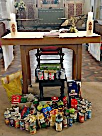 Photograph of donations to the Foodbank at St Mary's Harvest Festival 2025